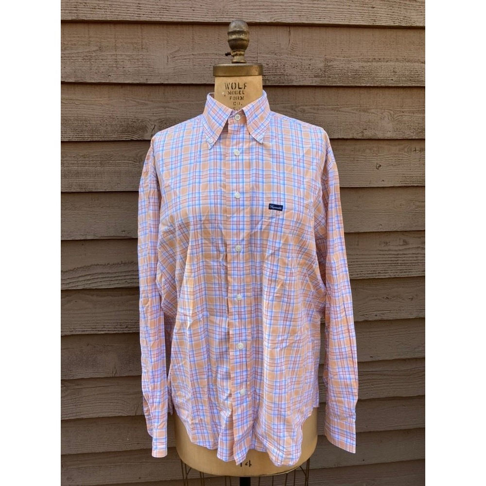Faconnable Mens Plaid Button Down Shirt Orange Blue White Cotton USA Made Size M